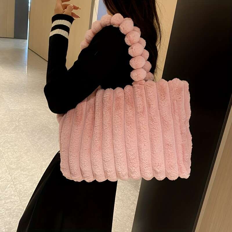 urious Solid Color Fluffy Plush Tote Bag Spacious, Lightweight, Handheld or Shoulder-Worn - Perfect for Autumn, Winter, Travel, Vacations, Shopping, a