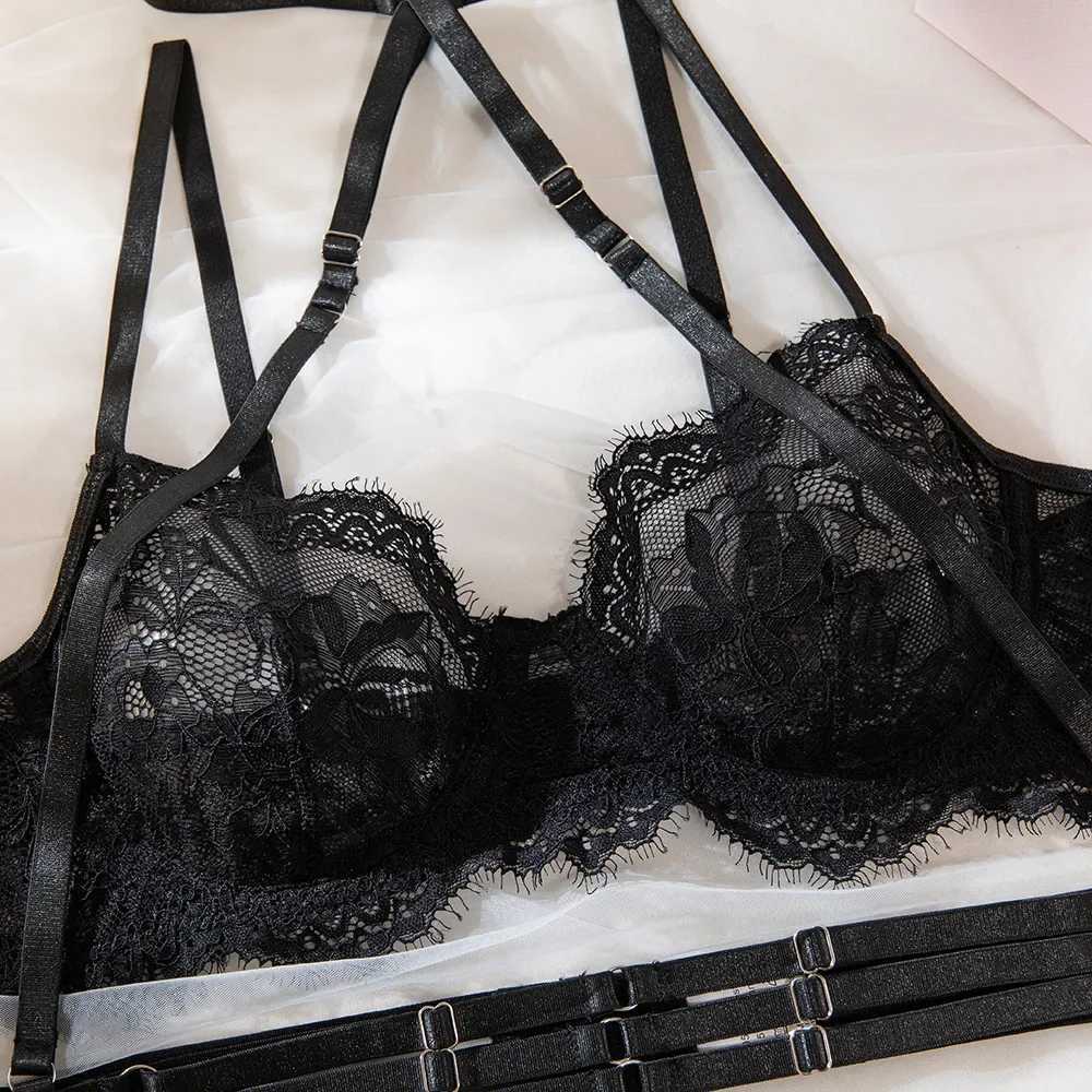 Women Sexy Transparent Lace Underwear Sets Fashion Cross Halter Lingerie Push Up Bodycon 4 Pieces Erotic Bra Brief SuitXJ241205