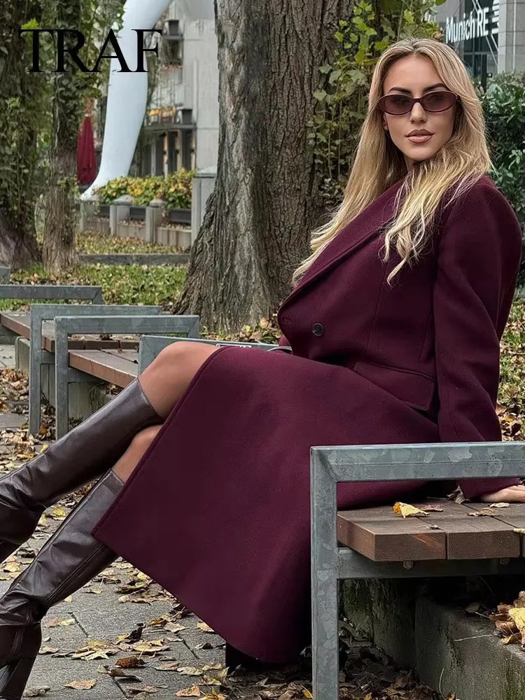 TRAF 2024 Long Coats for Women Long Sleeve Trench Coat Women Office Warm Winter Woman Coat Streetwear Outerwears Womens Jackets 241204