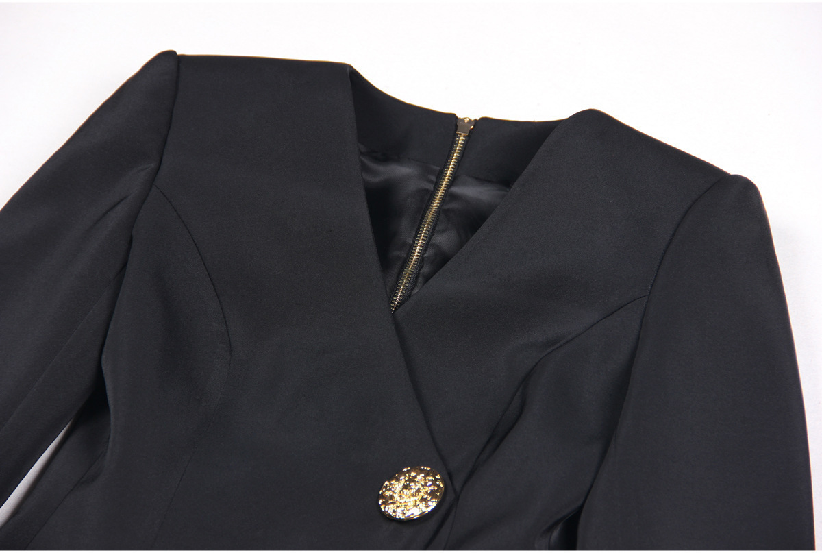 Fall Winter Sexy V-Necke Single-Breasted Long Sleeve Women Office Blazer Short Mini Slim Black Dress