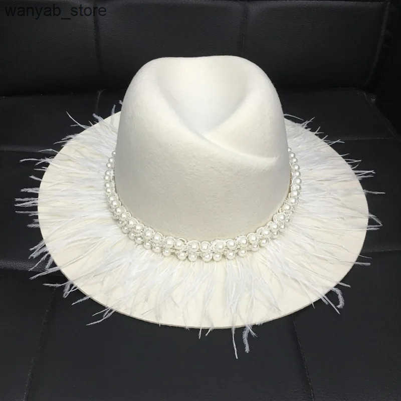 Cloches Classic white felt winter hat warm chloroprene wool pearl feather cork Brideby wedding church Fedora womens dress L240910