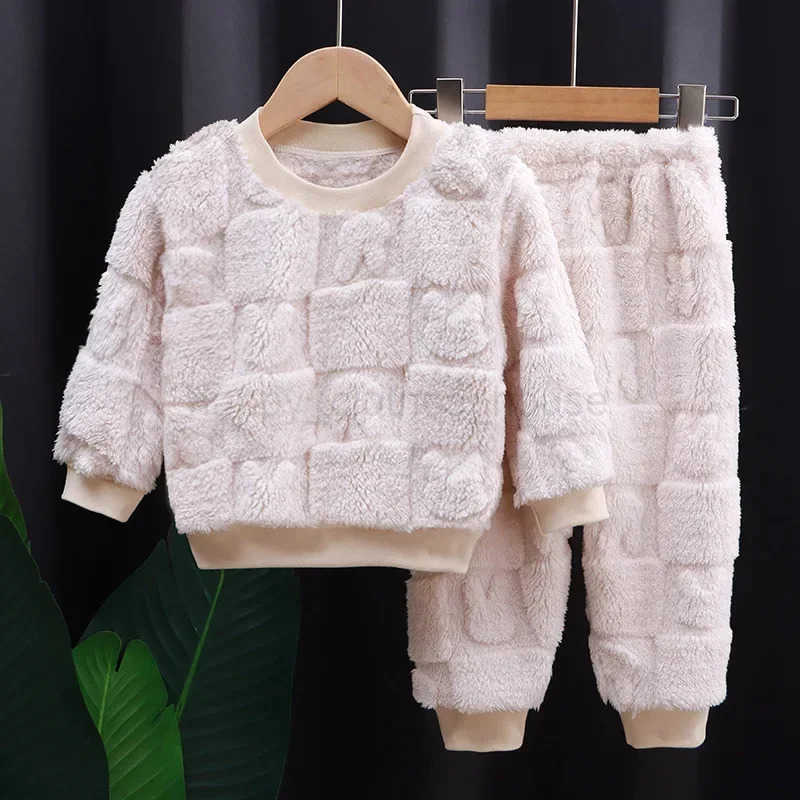 Two-piece Autumn Winter Home Sleepwear Set Boys Baby Fleece Warm Outdoor Children Girls Homewear Suits Thickened Ammonia FabricXJ241205
