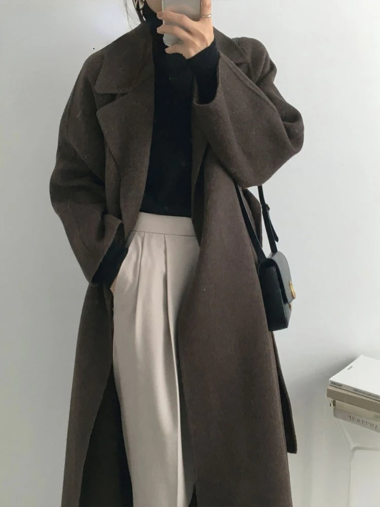 French Lazy Style Warm Female Fresh Winter Classical Belt Retro Loose Women Woolen Coats Chic Casual Long Coat Long 241204