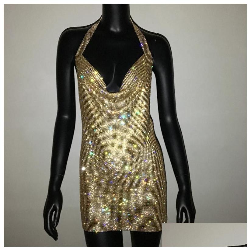 Basic Y Deep V Neck Crystal Dress Women Rhie Halter Dance Party Diamante Backless Split Mini B3 Drop Delivery Apparel WomenS Cloth Otoa9