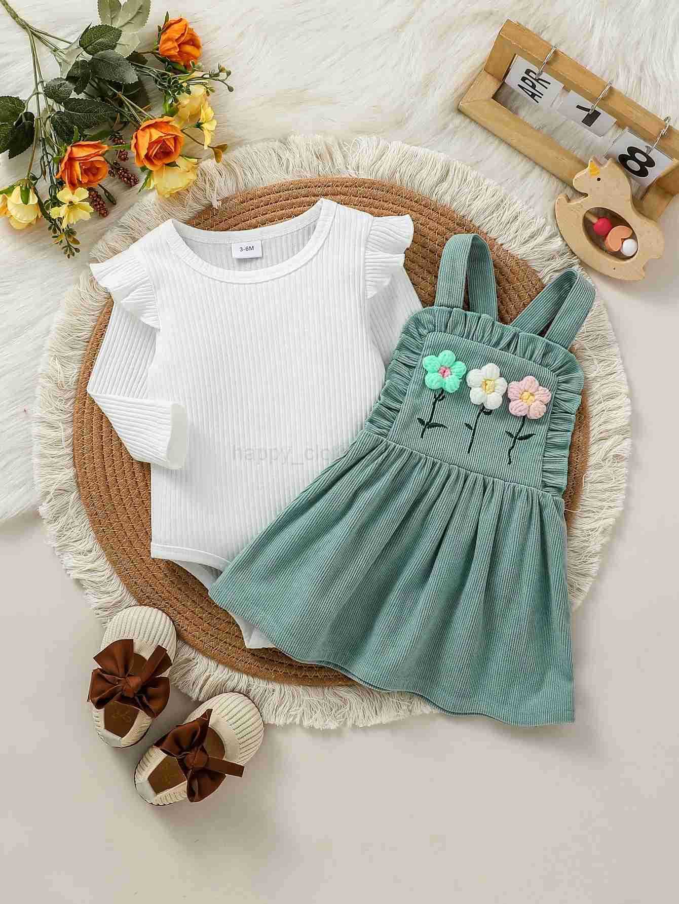 2pcs Babys Girls Long Sleeve Autumn Bodysuit Skirt Set With Floral Preppy Sle Fashion ClothingXJ241205
