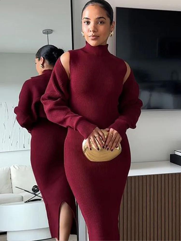 Elegant Burgundy Stand Collar Loose Sleeves Skirt Set Woman Casual Long Knit Sexy Sets 2024 Autumn Lady Fashion Party Outfit 241205