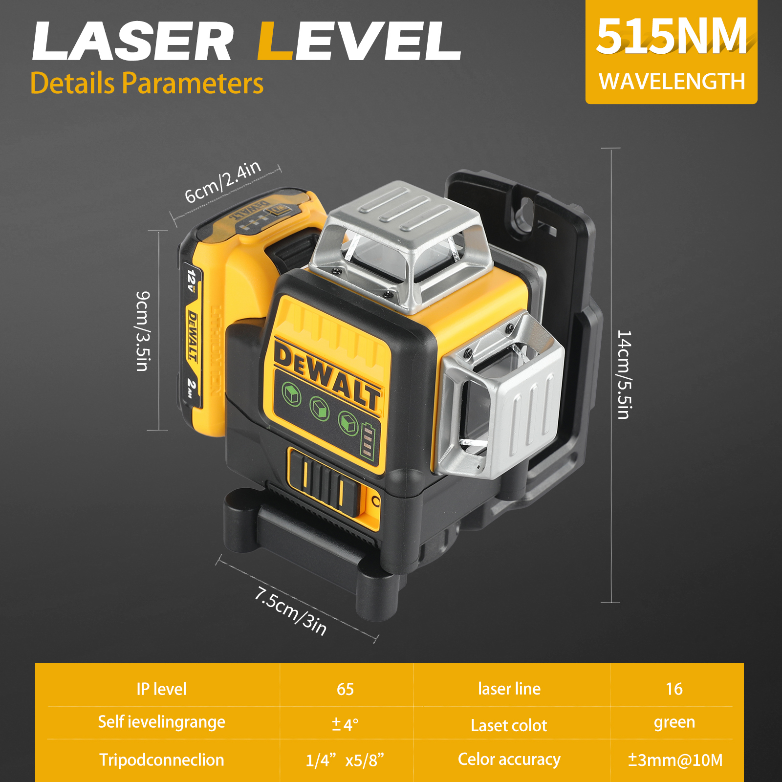 Dewalt DW089LG 3 Sides*360 Degree Vertical 12V Lithium Battery 12 Lines Laser Green Meter Outdoor