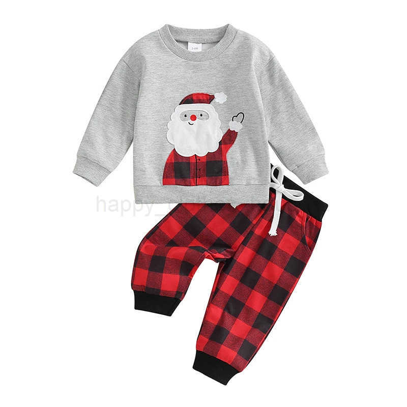 Pudcoco Infant Baby Girl Boy 2Pcs Christmas Outfits Long Sleeve Santa Pattern Sweatshirt Plaid Pants Set Toddler Clothes 3M-3TXJ241205