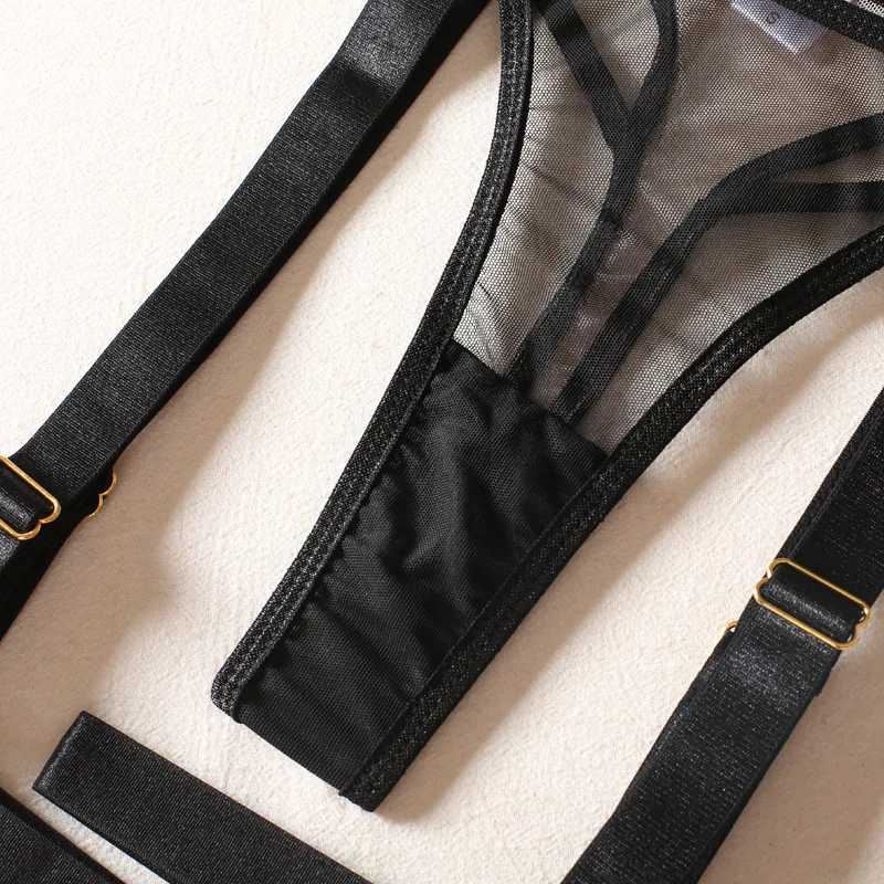 Bra + Panties + Garter +Thigh CircumferenceBlack Red Hollow Out Transparent Sexy Women Underwear Sets Push Up Lingerie SuitsXJ241205