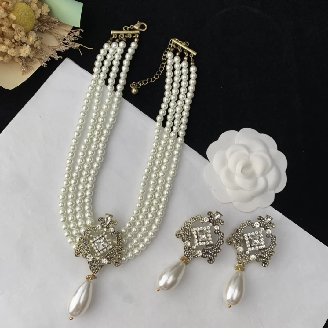 Multi layer glass pearl necklace with gemstone droplet pendant sweater chain earring set 241205