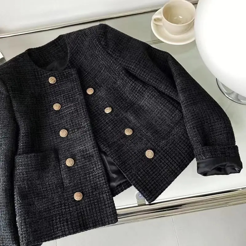 Xiaoxiangfeng Coarse Tweed Coat Petite Spring and Autumn Outfit Womens Retro French Short Top Versatile 241205