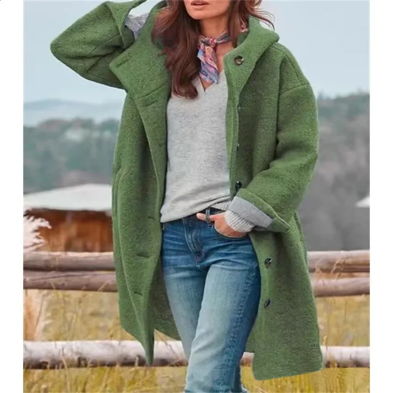 Women Long Sleeve Single Breasted Hooded Woolen Coat Solid Color Loose Cardigan Trench Autumn Winter 241205