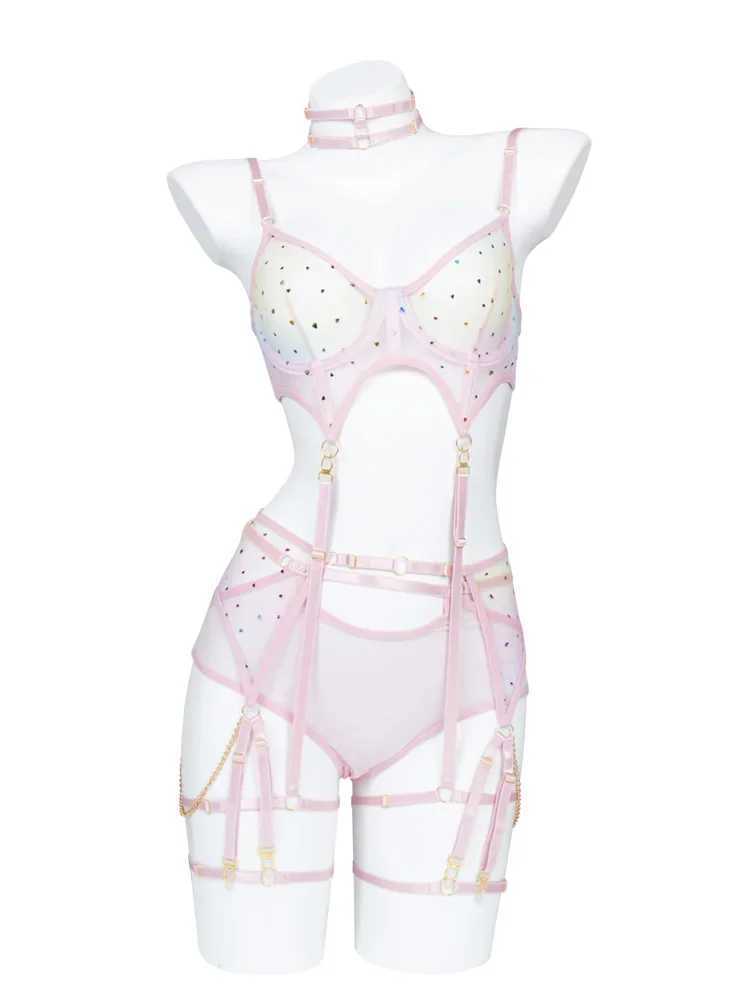 Sexy hot temptation bra breifs sets thin section see-through lingerie girls stars gathered garter three sets of underwearXJ241205