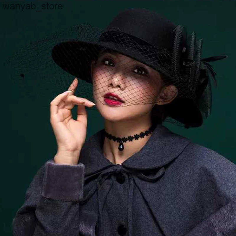 Cloches 2019 Elegant Womens Felt Fedora Wide Brim Hat Cloche Bowler Autumn Winter Church Hat Chapeau Womens Hat Wine Red Black L240910