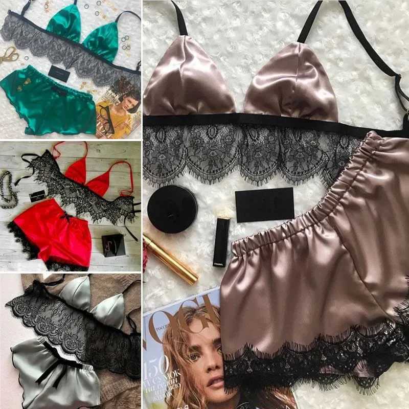 New Women Pajama Sets Sexy Lingerie Underwear Silk Satin Pajamas Crop Tops Bra+Shorts Sets Sexy V-Neck Sleeveless NightwearXJ241205