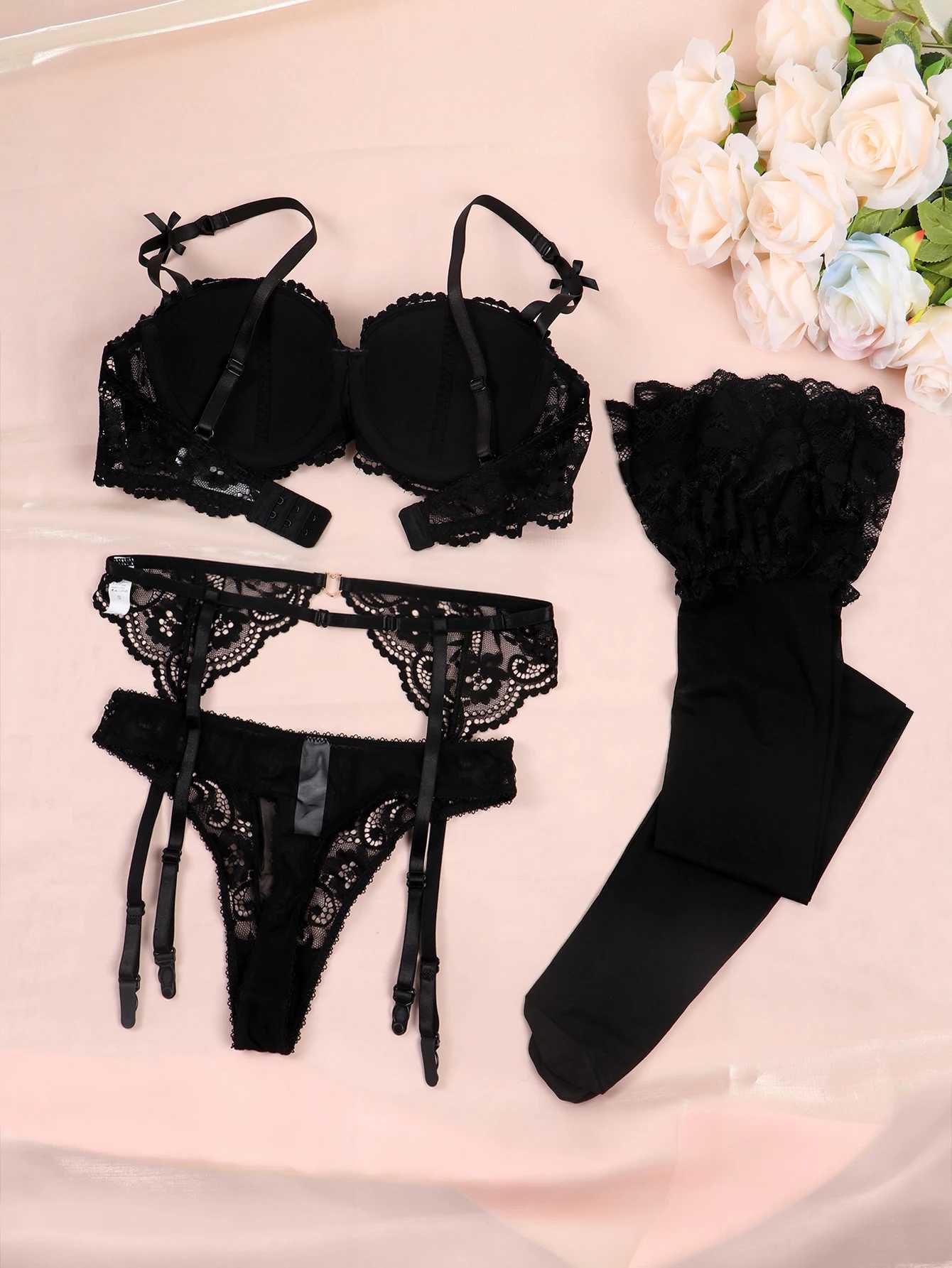 Varsbaby Women Sexy Lace Demi Bra Sets Bra Garter Belt Thong Stockings Plus Size 4 Pieces/Lot Underwear for LadiesXJ241205