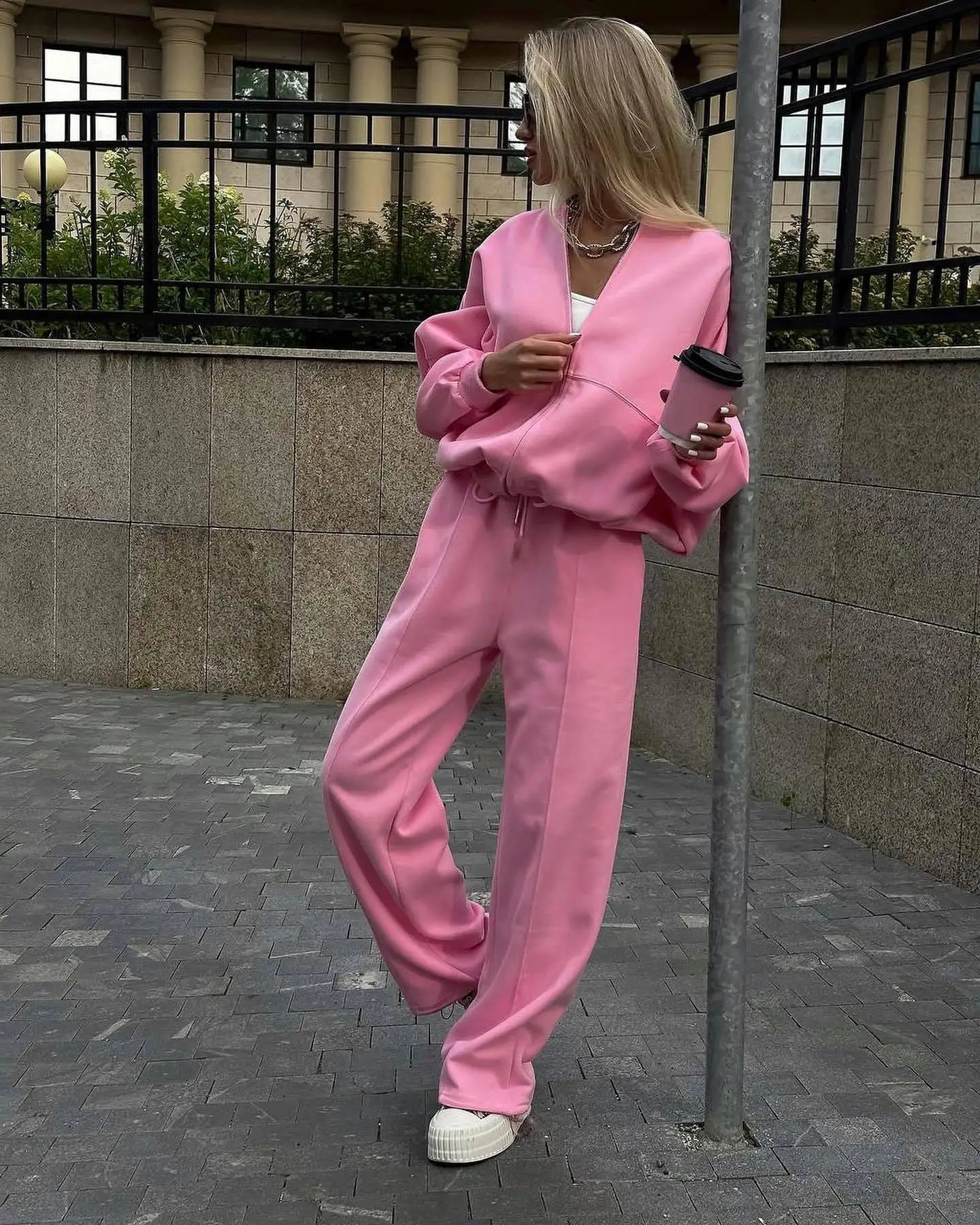 Camping outfit Loose Pink Trousers Sets For Women 2 Pieces Casual Long Sleeve Shirt With High Waist Wide Pants Set Streetwear 241205
