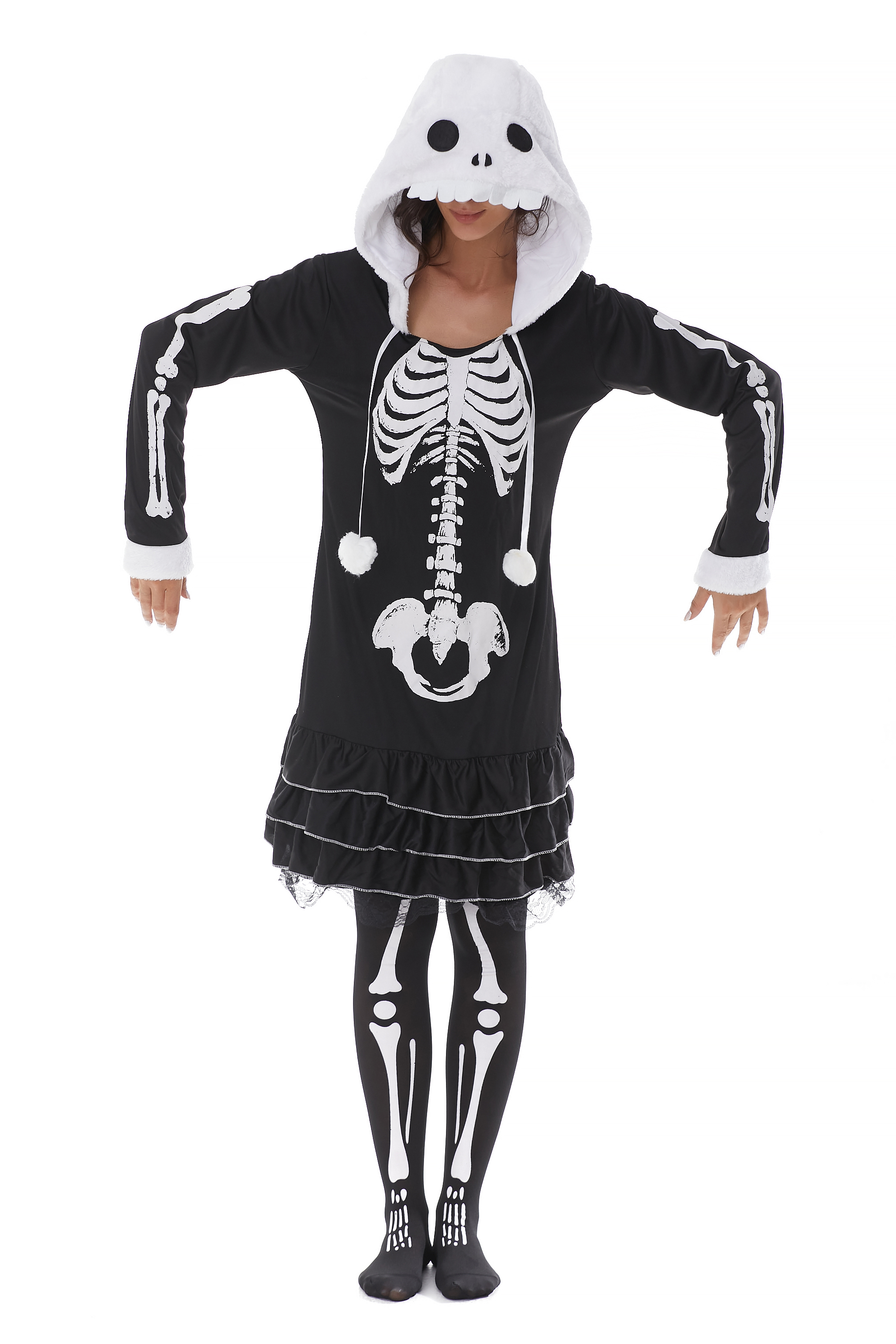 Elegant Adult Female Dress with Unique Bone Design - Black/White Stripes (Model Y18415)