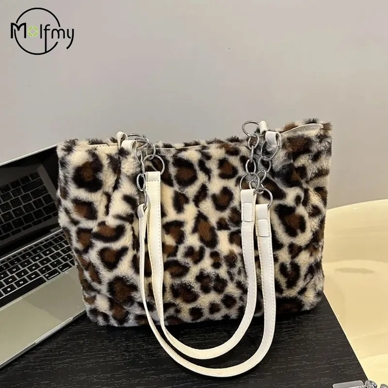 Plush shoulder strap lower bag womens leopard handbag womens fluffy shoulder bag large capacity commuting handbag 241205