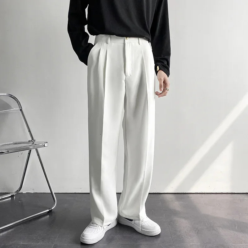 2024 Men White Straight Pants Fashion Korean Loose Suit Trousers Casual Draped Baggy Wide Pant Male Streetwear 241203