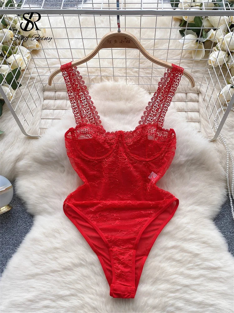 SINGREINY Women Lace Lingerie Erotic Rompers Fashion Sheer Skinny Short Playsuits Porno Solid Open crotch Underwear Sexy Rompers 241205