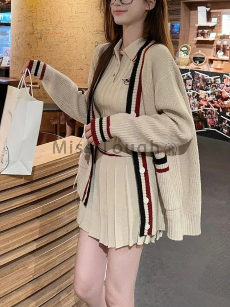 Preppy Style Sweet Two Piecec Suit Vintage Knit Cardigan Short Sleeve Sweater Mini Skirt Winter Y2k Pleated Sets 2024 241205