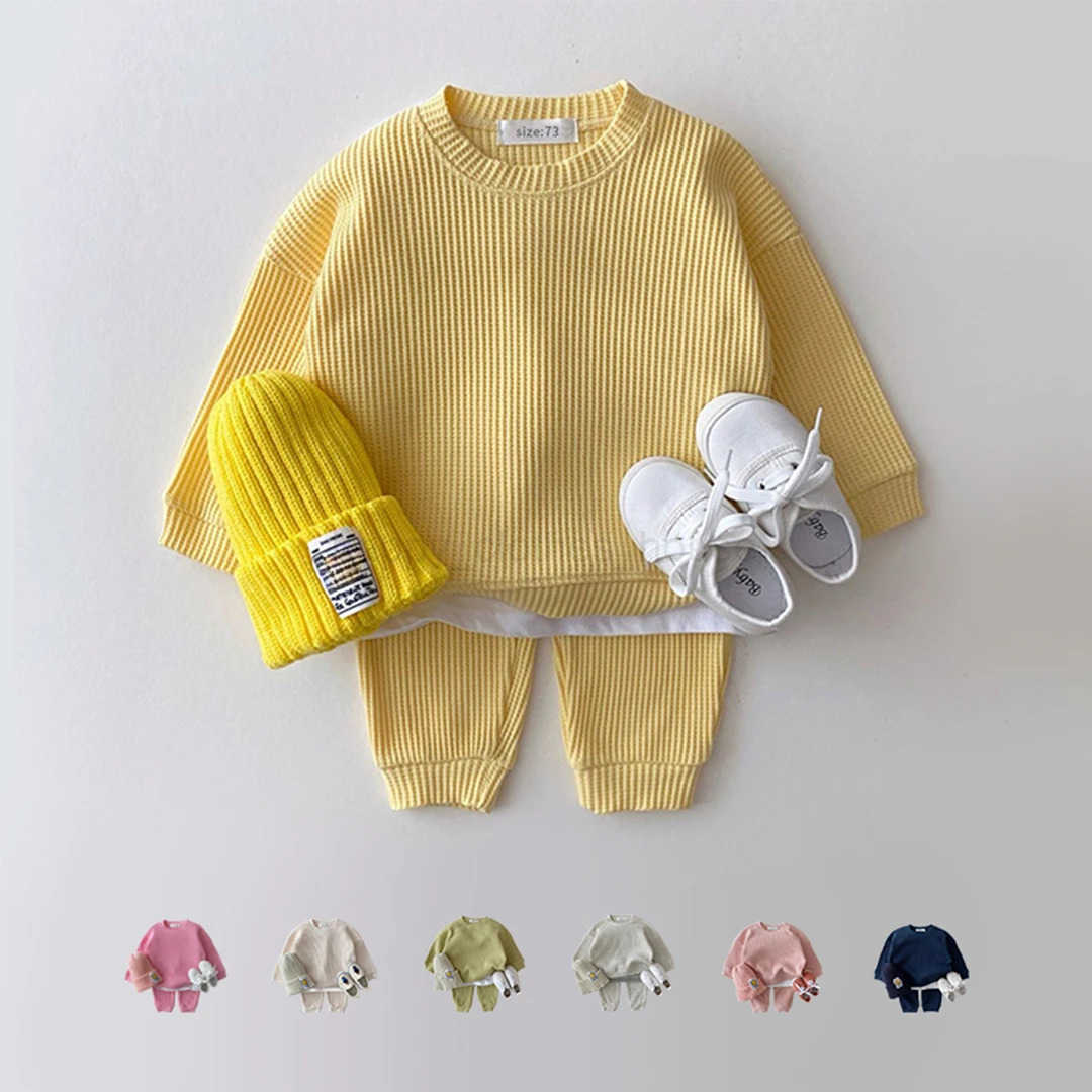 2024 Korea Toddler Baby Clothing Sets For Infant Baby Boys Clothes Set Mock Two-piece Waffle Cotton Sweatshirt+Pants 2pcs OutfitXJ241205