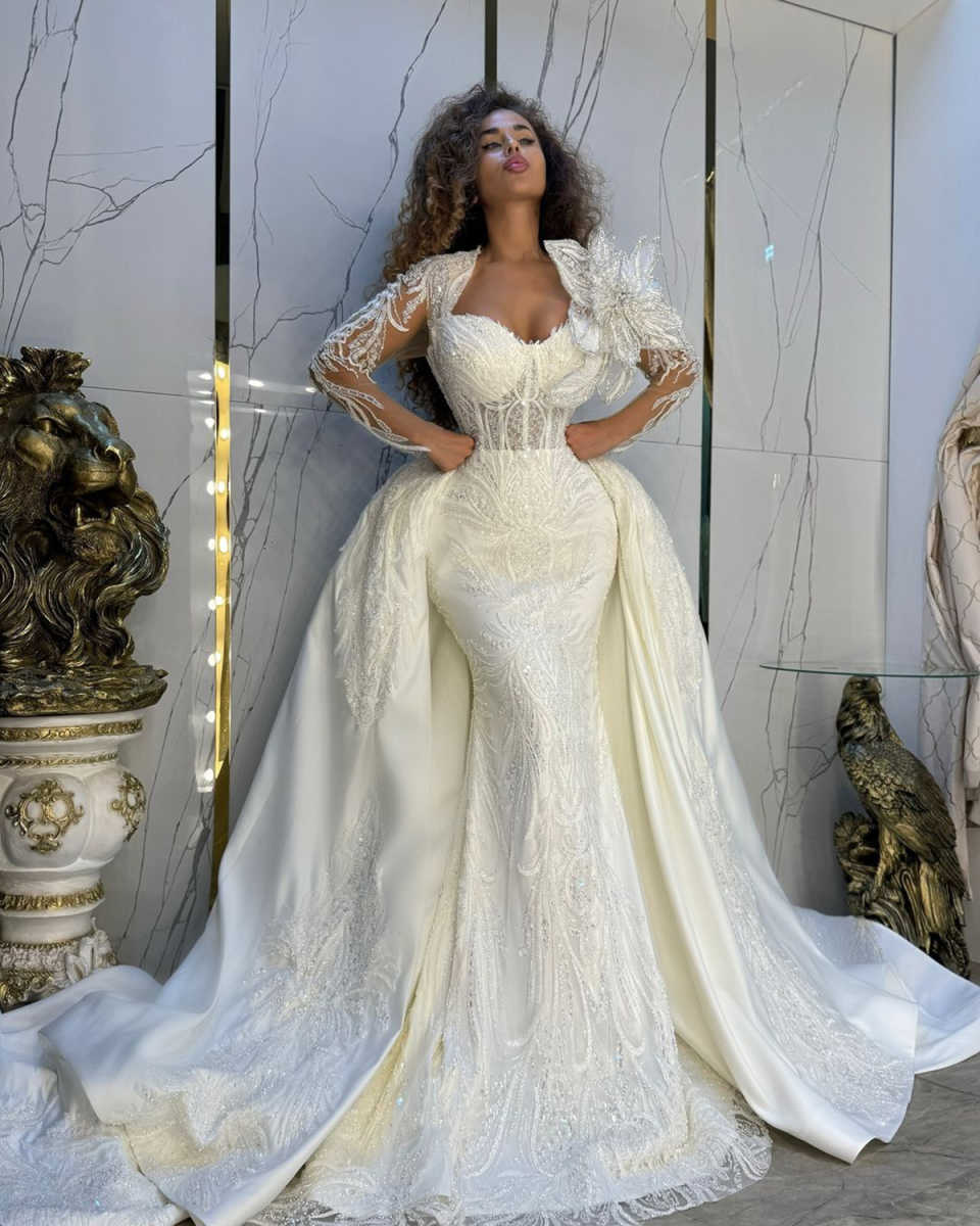 Modern Lace Sequined Mermaid Wedding Dresses Women Glitter Beading Floral Appliques Bride Dresses Customized Bridal Gown