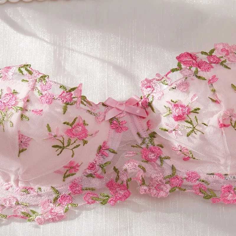 Sexy Floral Embroidery Lingerie Set Autumn Pure Desire Style Hollow Out Lace Underwear Bra Female Sweet Pink Exotic Apparel SuitXJ241205