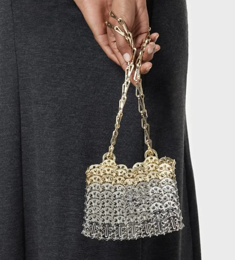 Womens Bag ner Handbag Aesthetic Bags Hand Woven Metal Gold Silver Splicing Clutch y Holiday Shoulder Tote 241204