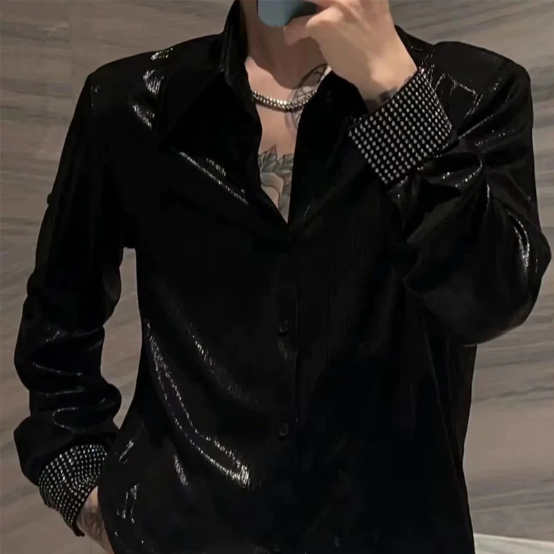 Spring and Autumn Solid Color Fashion Long Sleeve Mens Long Sleeve Shirt Mens Street Casual Button Open Mens Diamond Top 241204