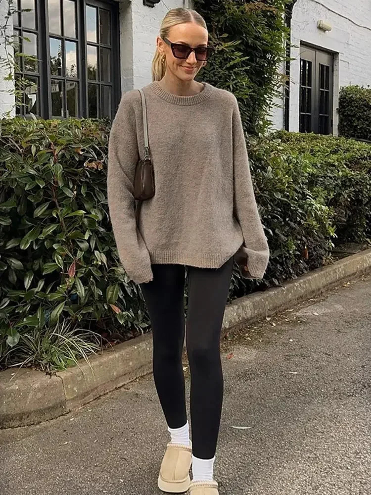 Brown Casual Round Neck Knitted Pullover Women Fashion Long Sleeve Loose Short Sweater 2024 Autumn Lady Street Knit Tops 241204