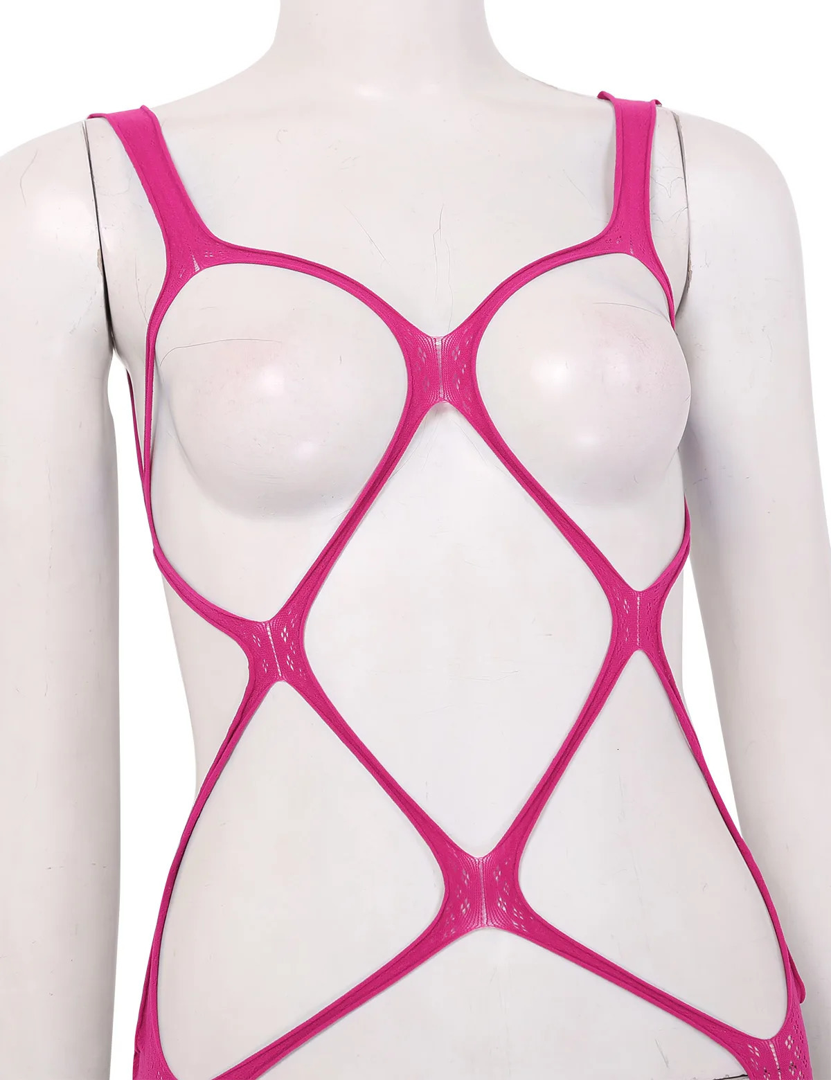 iEFiEL Sexy Women One-piece Bodysuit Hollow Fishnet Lingerie Open Cups Crotchless Bodystockings See-through Stretchy Nightwear 241205