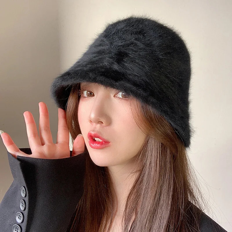 Soft wool blended rabbit fur fisherman bucket hat womens autumn and winter retro basin hat cold resistant warm head gear in 7 colors 241205