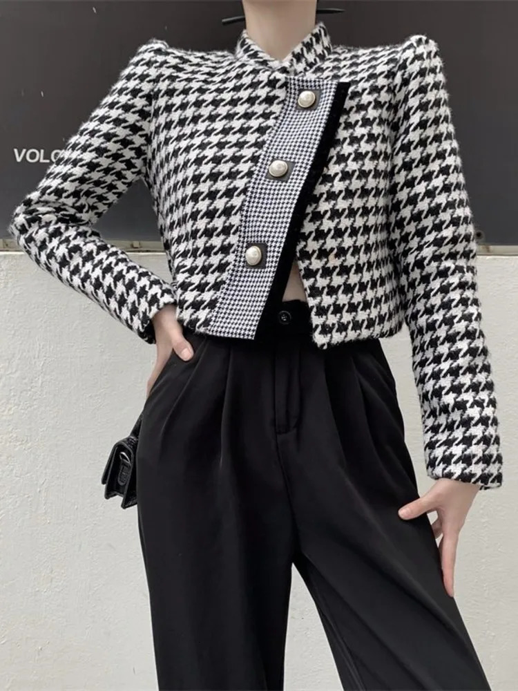 Houndstooth retro tweed jacket coat autumn winter fashion high street small perfume wool jacket 241205