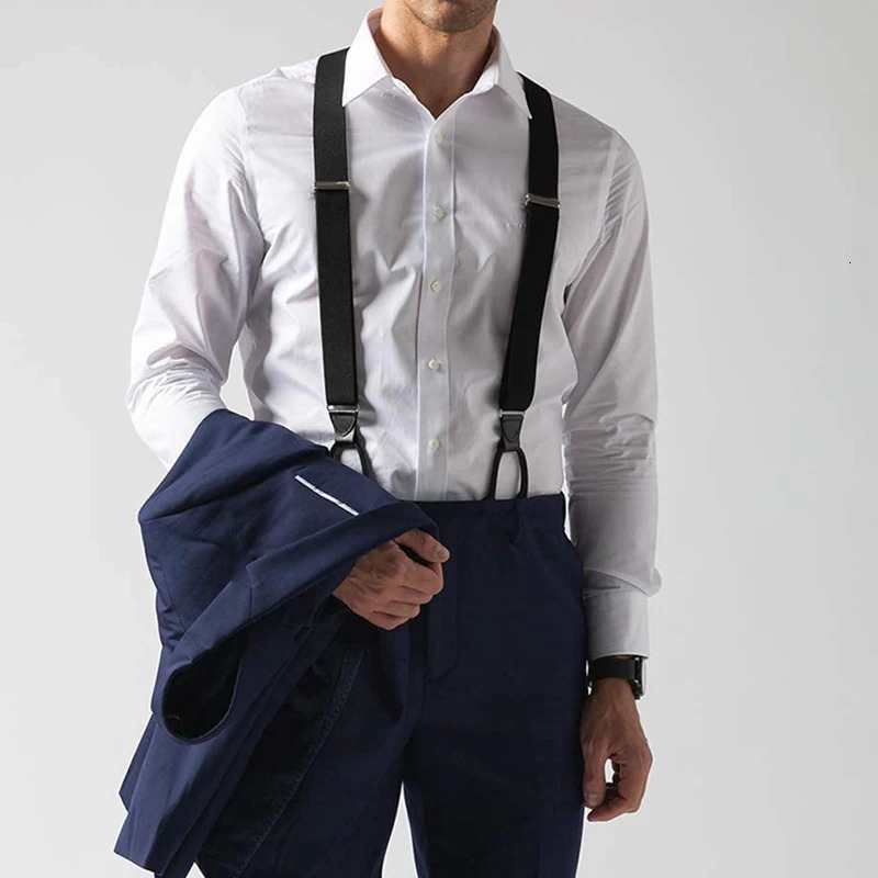 Vintage Suspenders for Men 35cm Width Button End Black Leather Trimmed Y Back Adjustable Elastic Trouser Braces Strap Belt 241122