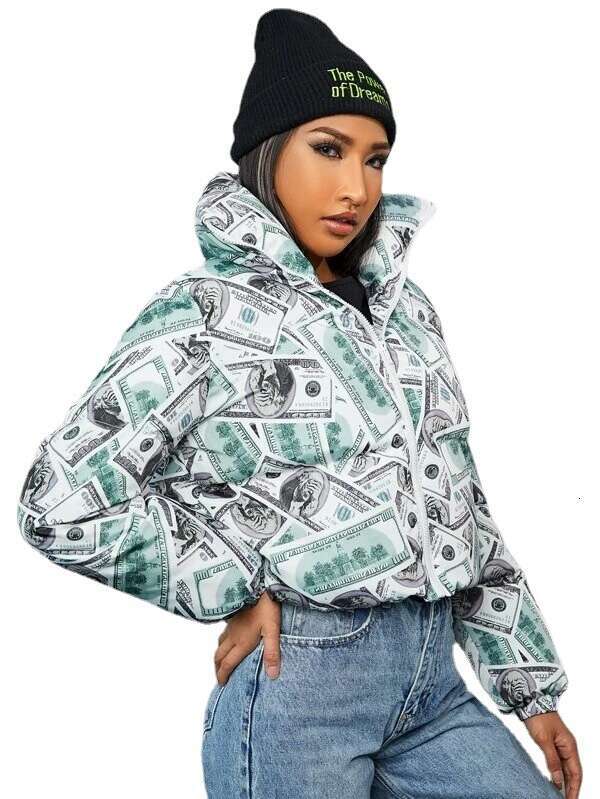 European and American women's 2021 printed long sleeved loose bread cotton coat jacket, 2024 new casual versatile fashion clothing