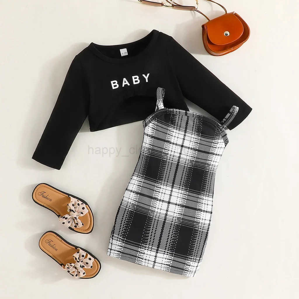 2Pcs Set Newborn Baby Girl 6-36 Months Long Sleeve Top Plaid Suspenders Skirt Dresses Outfit Toddler Infant Clothing SetXJ241205