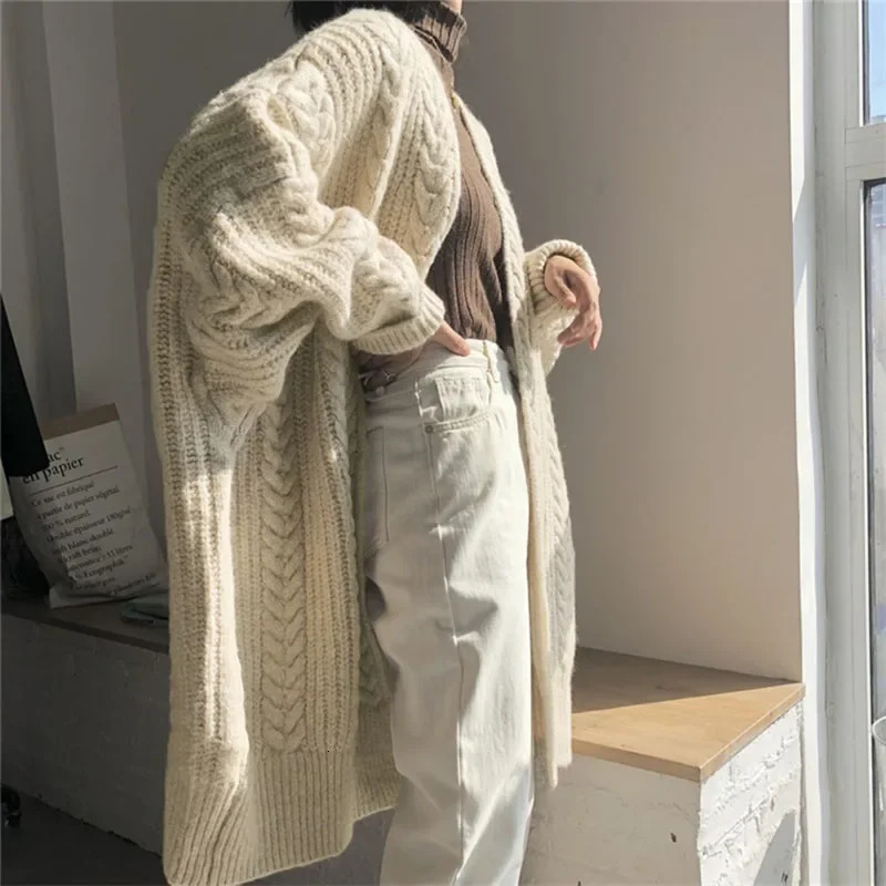 Autumn Winter ly Chic Womens Knitted Cardigan Vintage Thick Long Sweaters Female Loose Twist Coat Plain Streetwear 241204