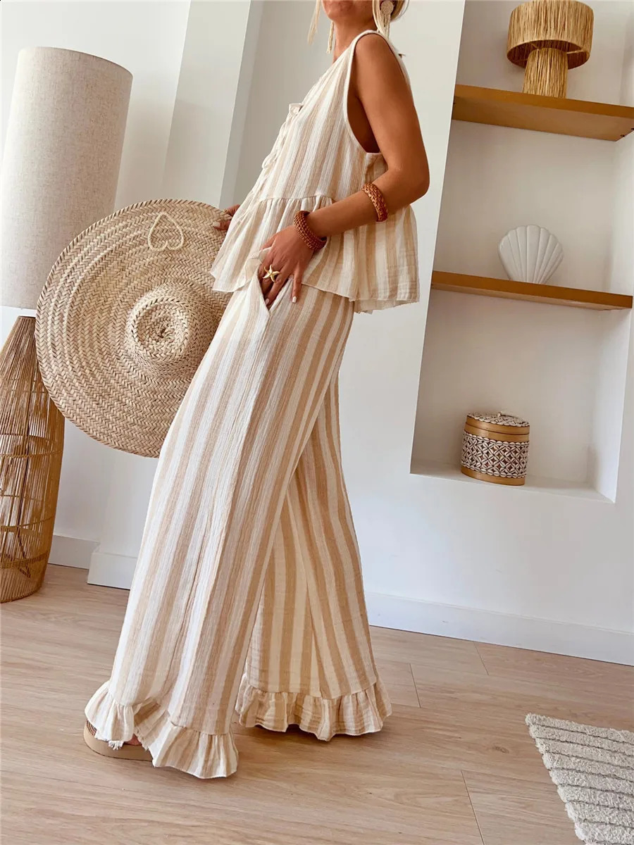 Striped Tie Waist Vest 2 Pieces Set Summer Casual Sleeveless Loose Tank Tops Elastic Ruffles Hem Wide Leg Pants Outfits 241205