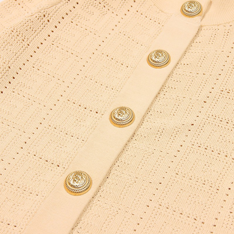 SML High Quality Fashion Elastic Knitted Fabric Labyrinth Hollow Round Neck Single Breasted Long Sleeve Slim Fit Women Cardigan