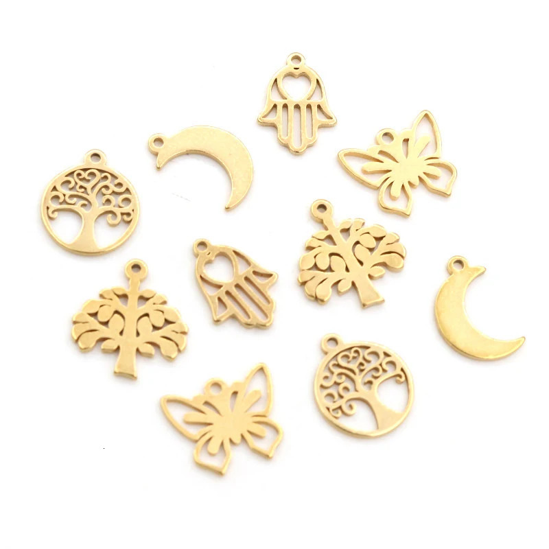 10pcslot 316 Stainless Steel Gold Plated Tree Moon Butterfly Small Charms Pendant For Necklace DIY Jewelry Making 241122