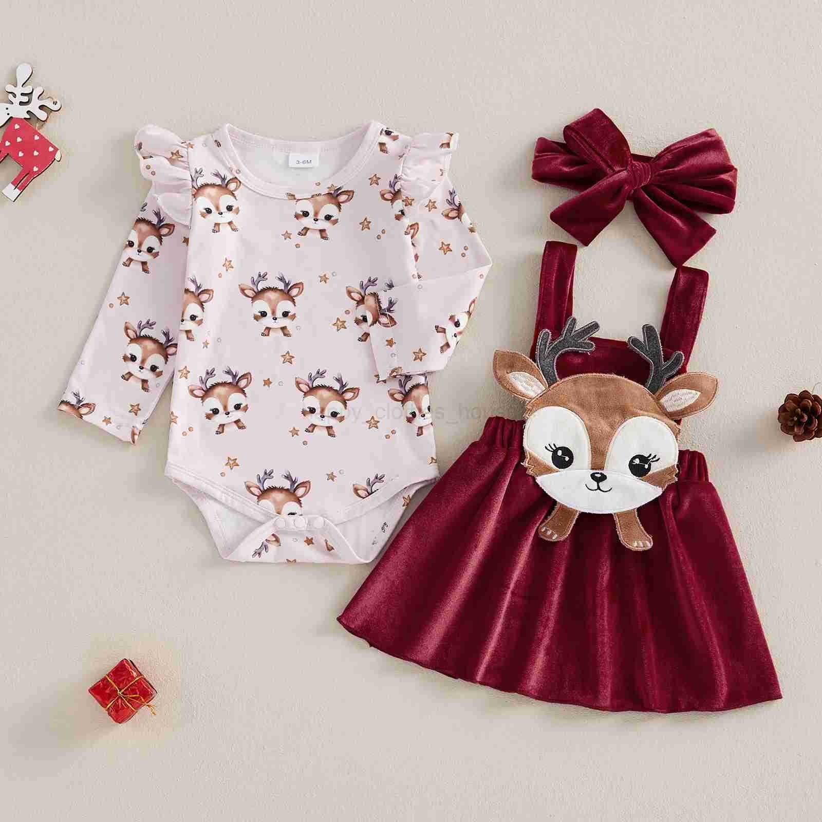 Newborn Baby Girl Christmas Outfits Reindeer Print Long Sleeve Romper with Overalls Skirt and Headband 3 Pcs Sets for AutumnXJ241205