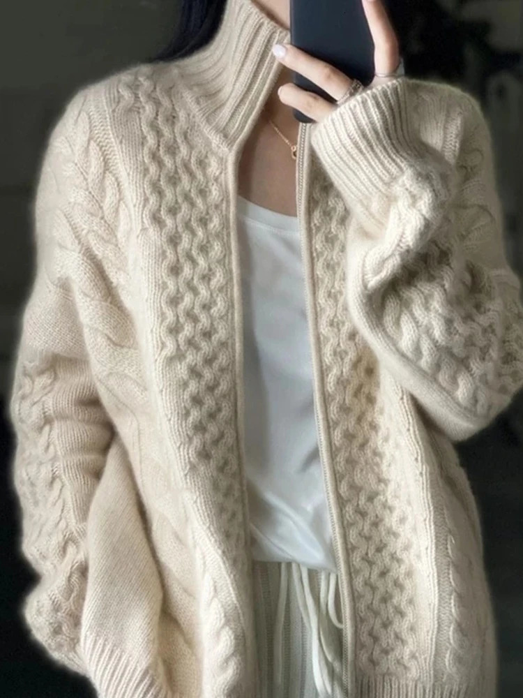 Autumn And Winter Thick Turtleneck Cashmere Knitted Cardigan Womens Loose Wool Sweater Cardigan Larg Size Female Jacket Top 241204