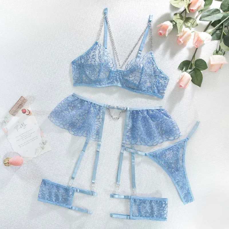 Bra + Panties + Garter + HemlineNew Lace Transparent Push Up Lingerie Sets For Women Sexy Sleep Hollow Out Chain UnderwearXJ241205