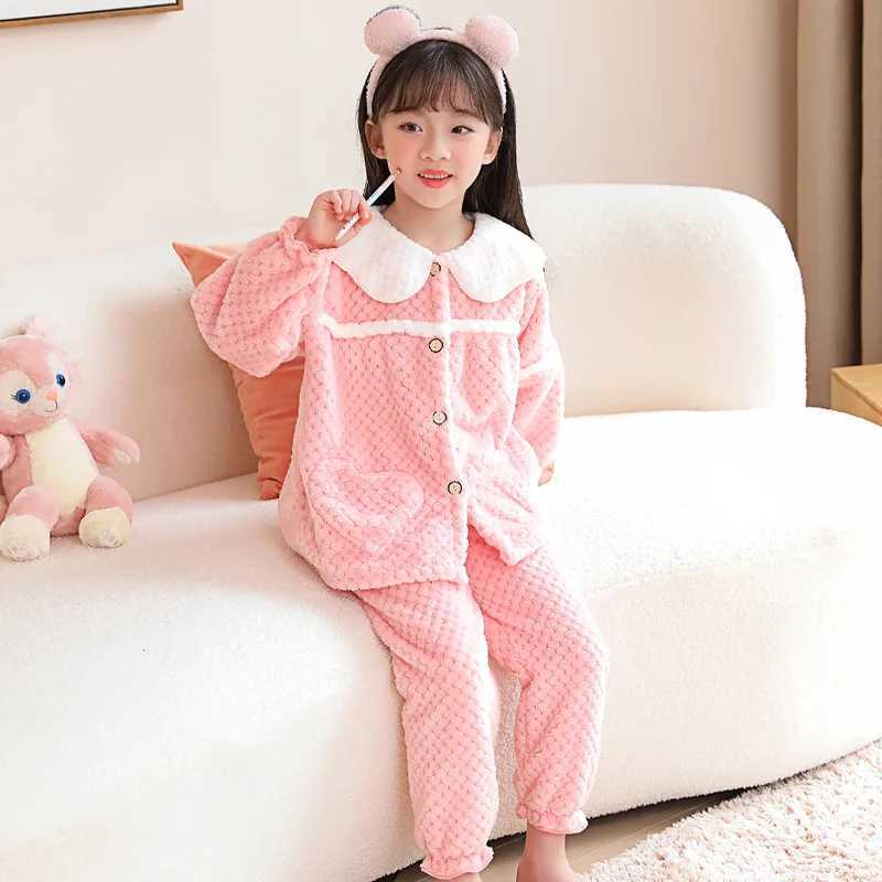Pajamas 2Pcs/set childrens winter padded and thickened warm pajamas solid color cardigan girls homewear facecloth long-sleeved long pan H241205