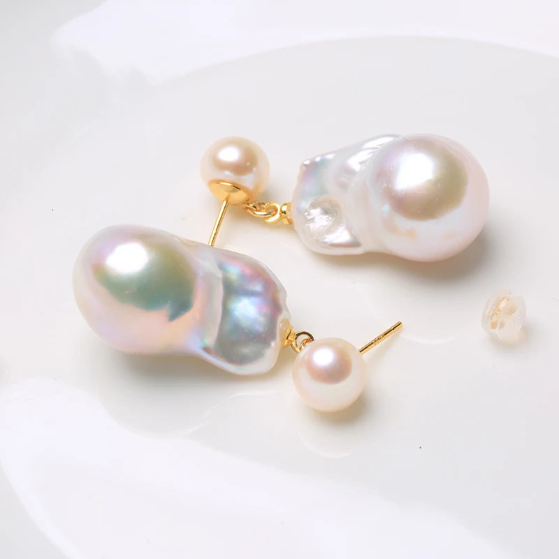 100% natural freshwater double pearl Baroque pearl earrings made of 925 pure silver and fine gemstones suitable for women aged 8-9mm and 15-25mm EAE 2