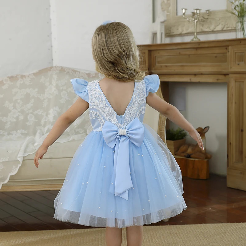 Cute Baby Dress Embroidery Lace Flower Princess Gown For 1st Birthday Party born Babi Blue Bead Prom Tulle Clothes R250424