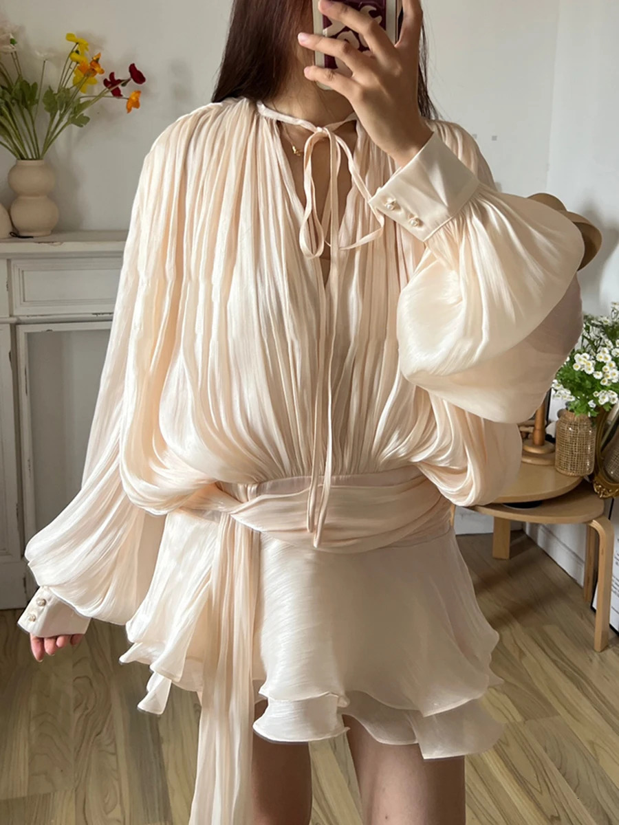 TWOTWINSTYLE Solid Blouse Mini Dresses For Women V Neck Long Sleeve Spliced Lace Up Sweet Style Dress Female Clothing Fashion 241204