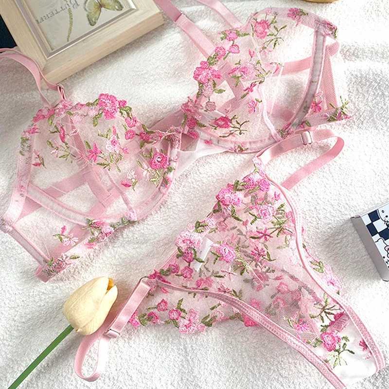 Super beautiful floral embroidery lingerie sweet sexy mesh bra set s girl pure desire underwear femaleXJ241205